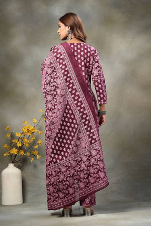 Violet Floral Printed Cotton Straight Cut Suit Set
