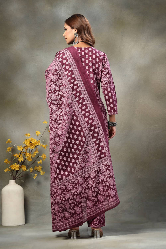 Violet Floral Printed Cotton Straight Cut Suit Set