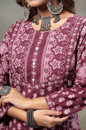 Violet Floral Printed Cotton Straight Cut Suit Set