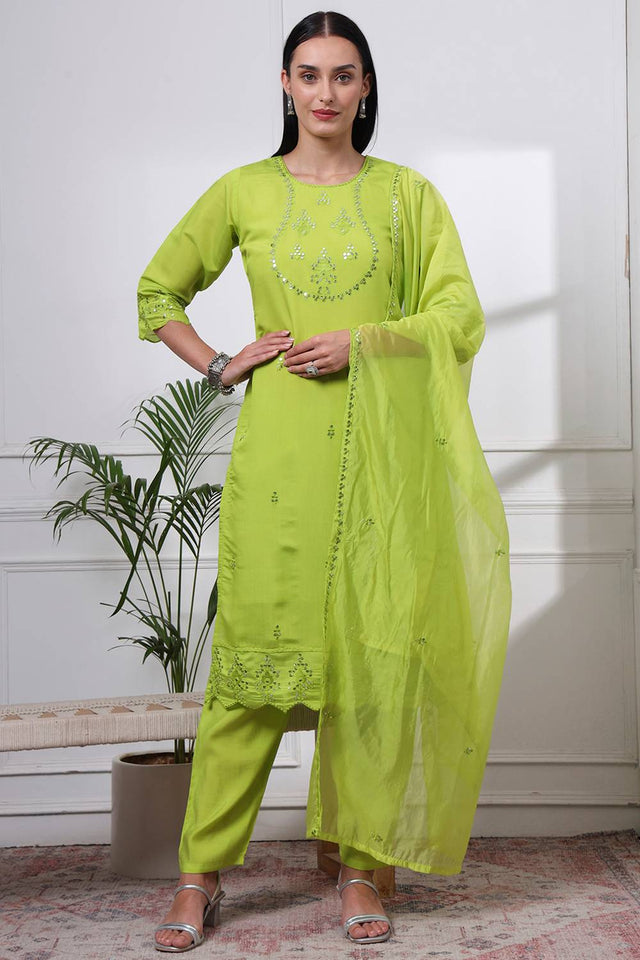 Green Sequin Silk Blend Straight Cut Suit Set