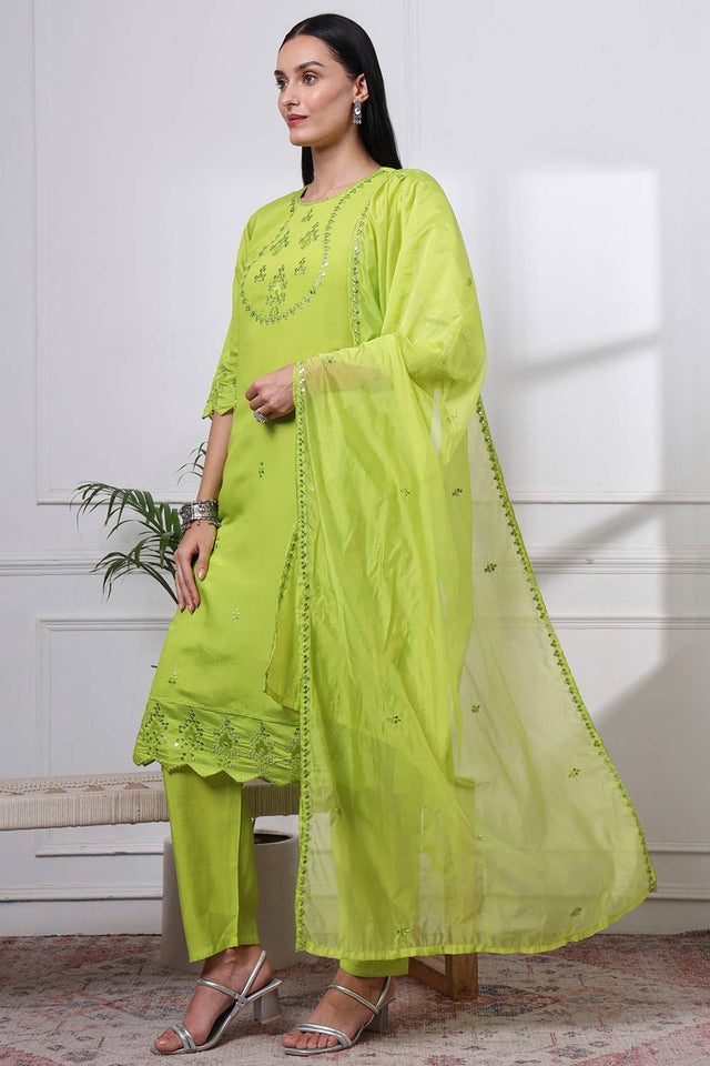 Green Sequin Silk Blend Straight Cut Suit Set