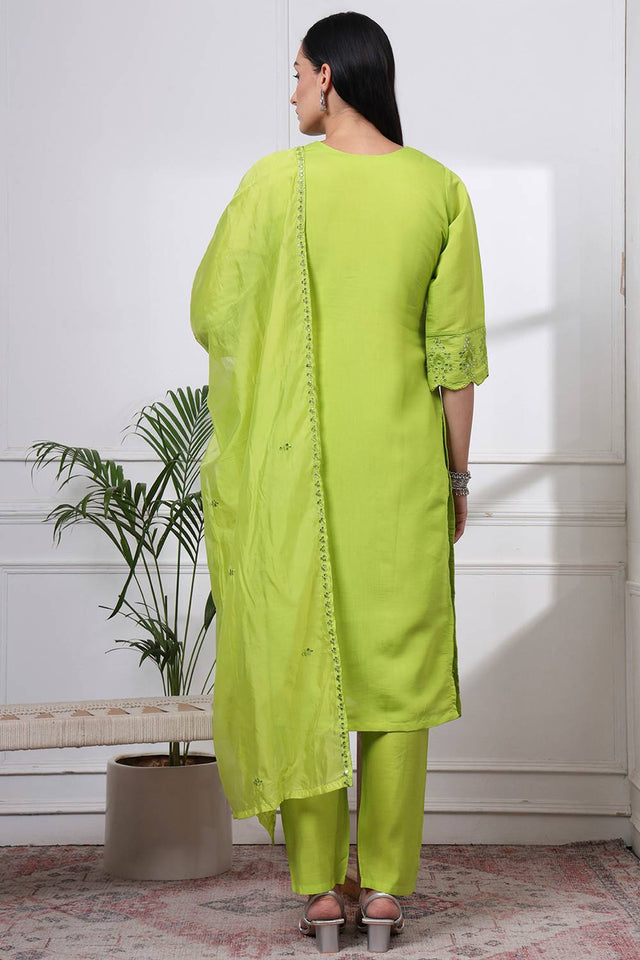 Green Sequin Silk Blend Straight Cut Suit Set