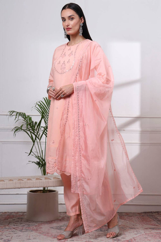 Peach Sequin Silk Blend Straight Cut Suit Set
