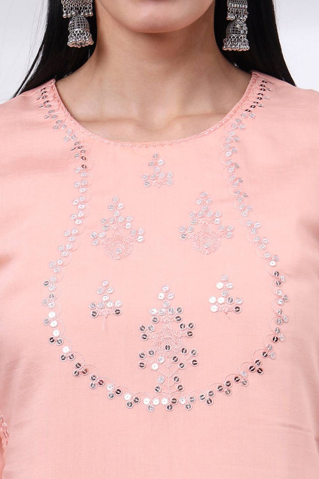 Peach Sequin Silk Blend Straight Cut Suit Set