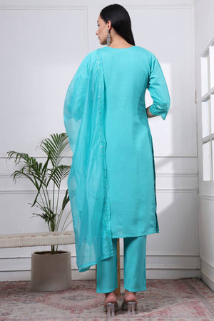 Sea Green Sequin Silk Blend Straight Cut Suit Set