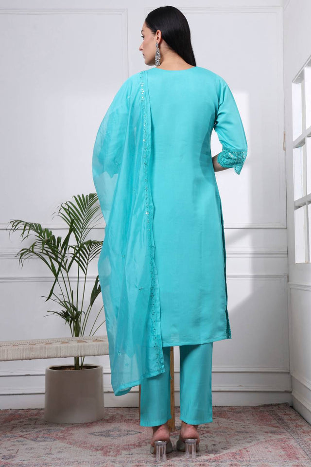 Sea Green Sequin Silk Blend Straight Cut Suit Set