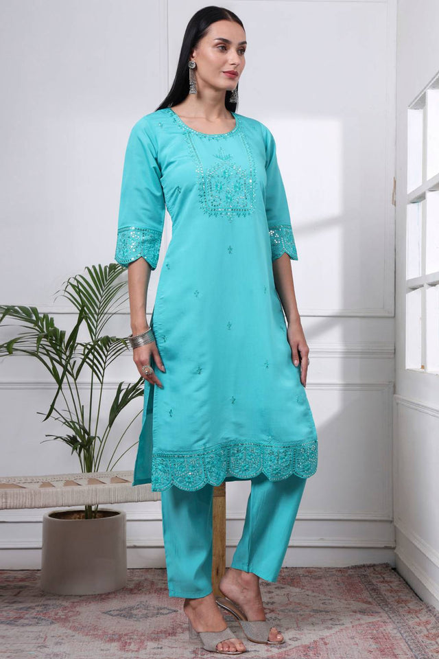 Sea Green Sequin Silk Blend Straight Cut Suit Set