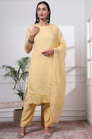 Yellow Sequin Silk Blend Straight Cut Suit Set
