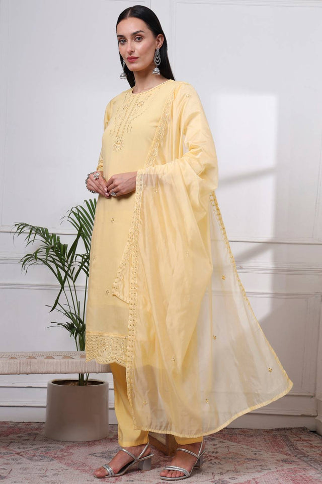 Yellow Sequin Silk Blend Straight Cut Suit Set