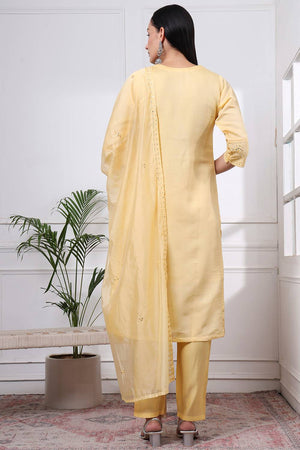 Yellow Sequin Silk Blend Straight Cut Suit Set