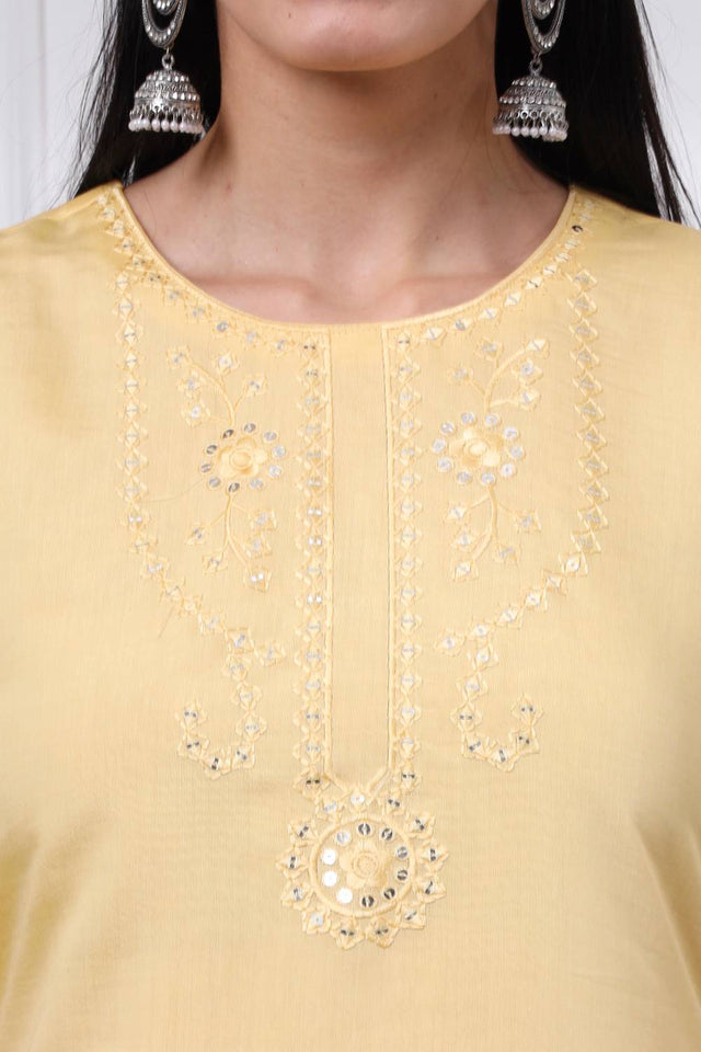 Yellow Sequin Silk Blend Straight Cut Suit Set