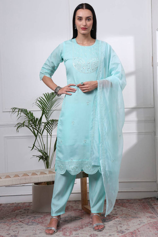 Blue Sequin Silk Blend Straight Cut Suit Set