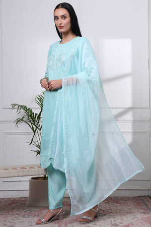 Blue Sequin Silk Blend Straight Cut Suit Set