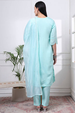 Blue Sequin Silk Blend Straight Cut Suit Set