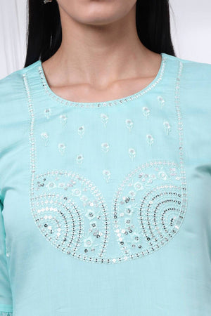 Blue Sequin Silk Blend Straight Cut Suit Set