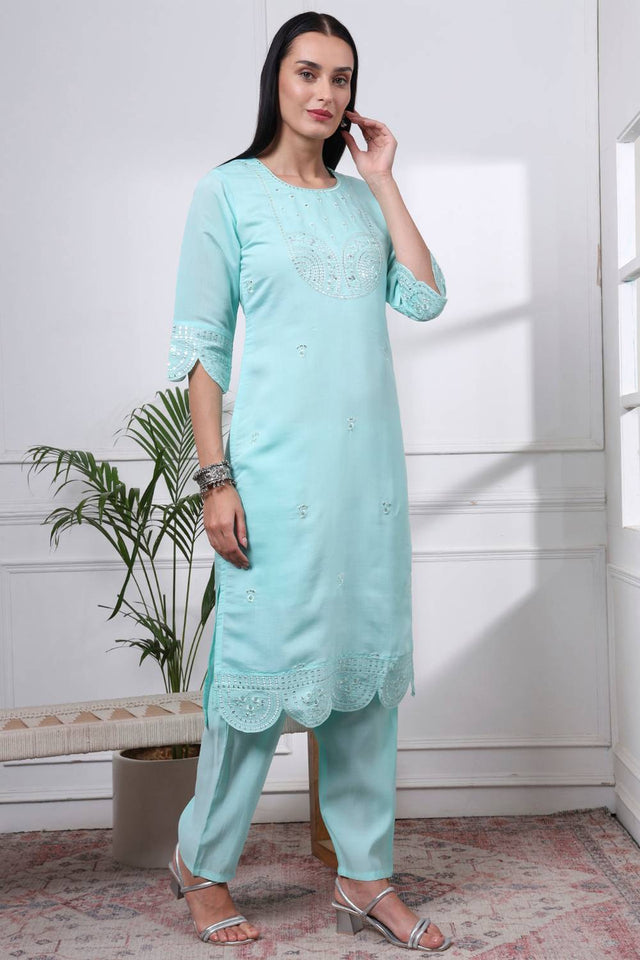 Blue Sequin Silk Blend Straight Cut Suit Set