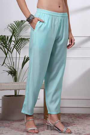 Blue Sequin Silk Blend Straight Cut Suit Set