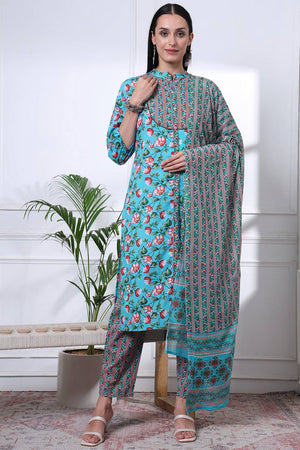 Turquoise Floral Printed Cotton Straight Cut Suit Set