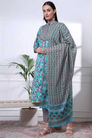 Turquoise Floral Printed Cotton Straight Cut Suit Set
