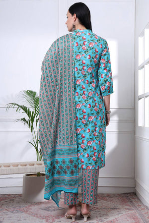 Turquoise Floral Printed Cotton Straight Cut Suit Set
