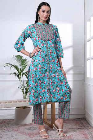 Turquoise Floral Printed Cotton Straight Cut Suit Set