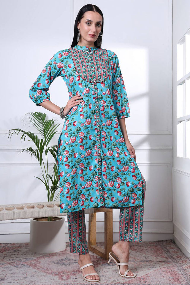 Turquoise Floral Printed Cotton Straight Cut Suit Set