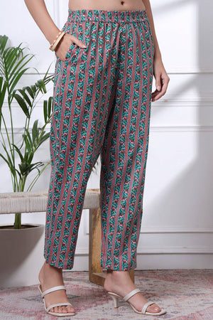 Turquoise Floral Printed Cotton Straight Cut Suit Set