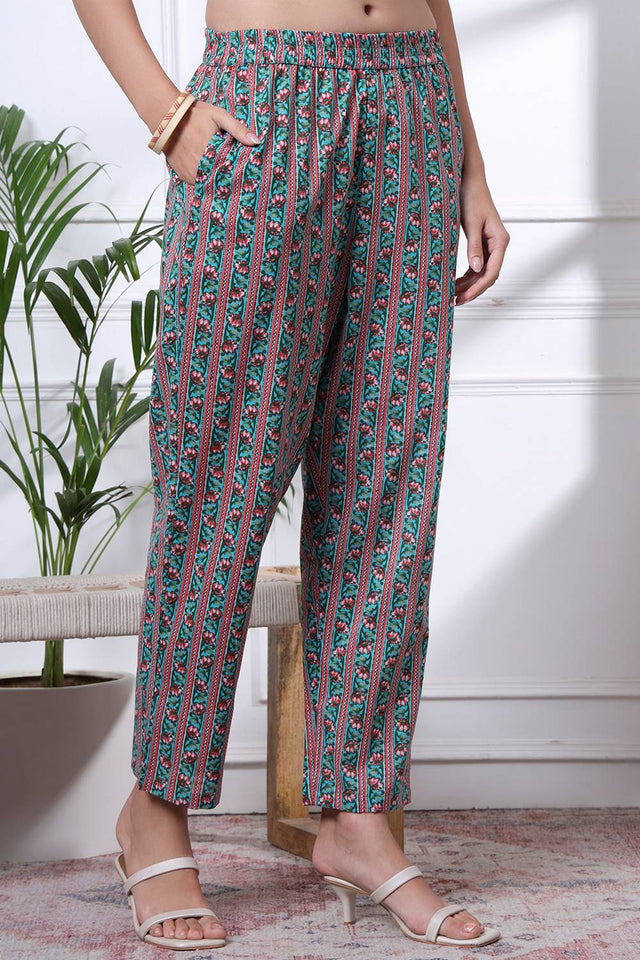 Turquoise Floral Printed Cotton Straight Cut Suit Set