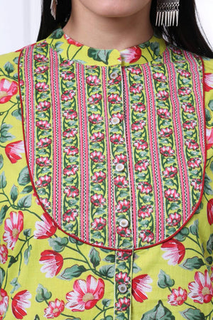 Yellow Floral Printed Cotton Straight Cut Suit Set