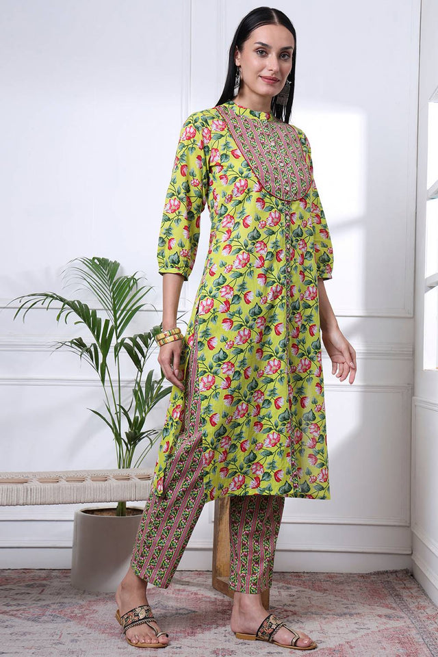 Yellow Floral Printed Cotton Straight Cut Suit Set