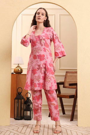 Pink Floral Printed Cotton Straight Cut Suit Set