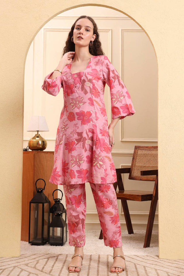 Pink Floral Printed Cotton Straight Cut Suit Set
