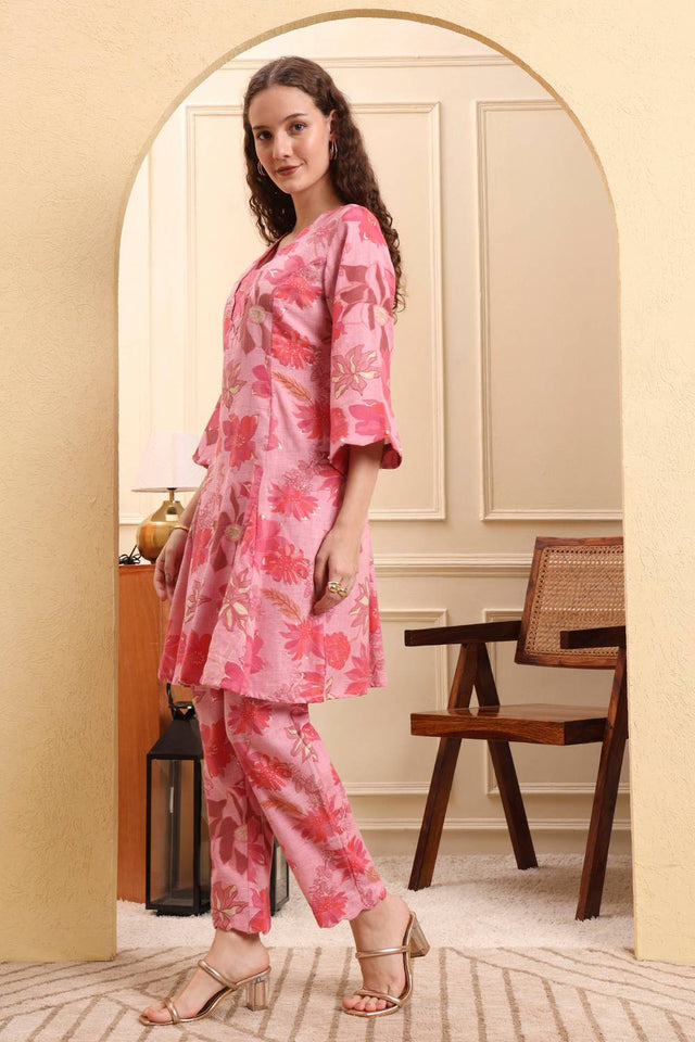 Pink Floral Printed Cotton Straight Cut Suit Set