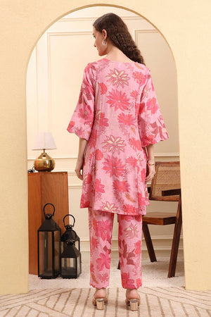Pink Floral Printed Cotton Straight Cut Suit Set