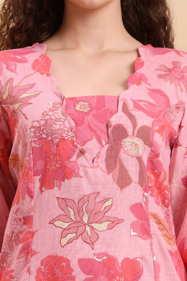 Pink Floral Printed Cotton Straight Cut Suit Set