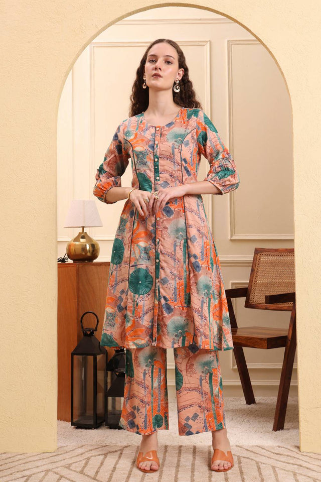 Peach Printed Linen Straight Cut Suit Set