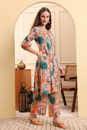 Peach Printed Linen Straight Cut Suit Set