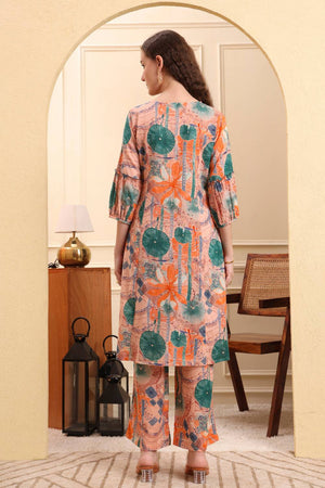 Peach Printed Linen Straight Cut Suit Set