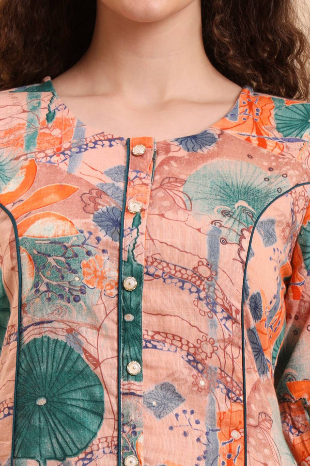 Peach Printed Linen Straight Cut Suit Set