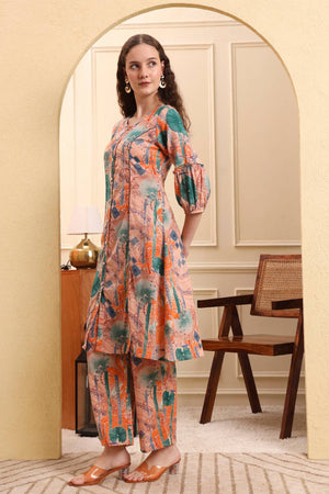 Peach Printed Linen Straight Cut Suit Set