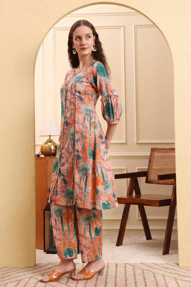 Peach Printed Linen Straight Cut Suit Set