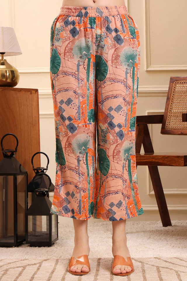 Peach Printed Linen Straight Cut Suit Set