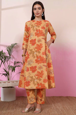 Mustard Floral Printed Linen Straight Cut Suit Set