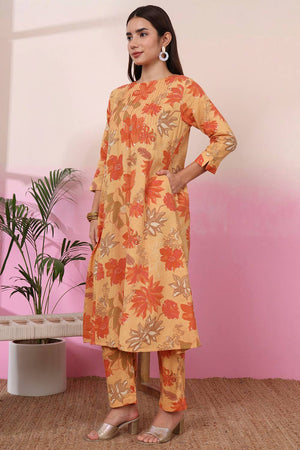 Mustard Floral Printed Linen Straight Cut Suit Set