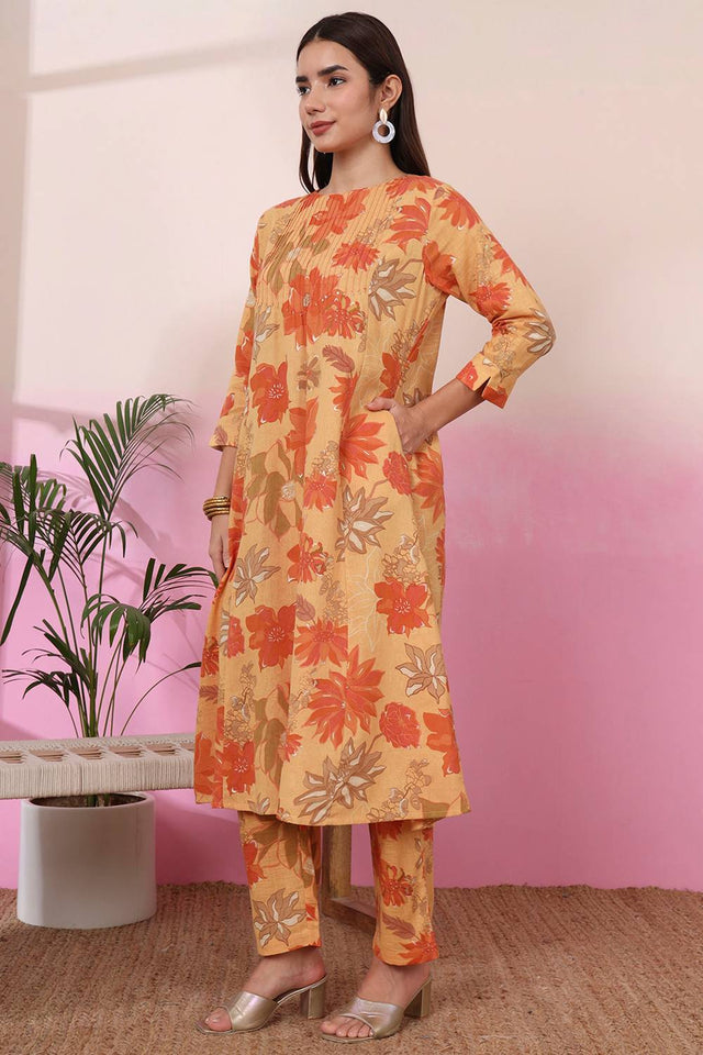 Mustard Floral Printed Linen Straight Cut Suit Set