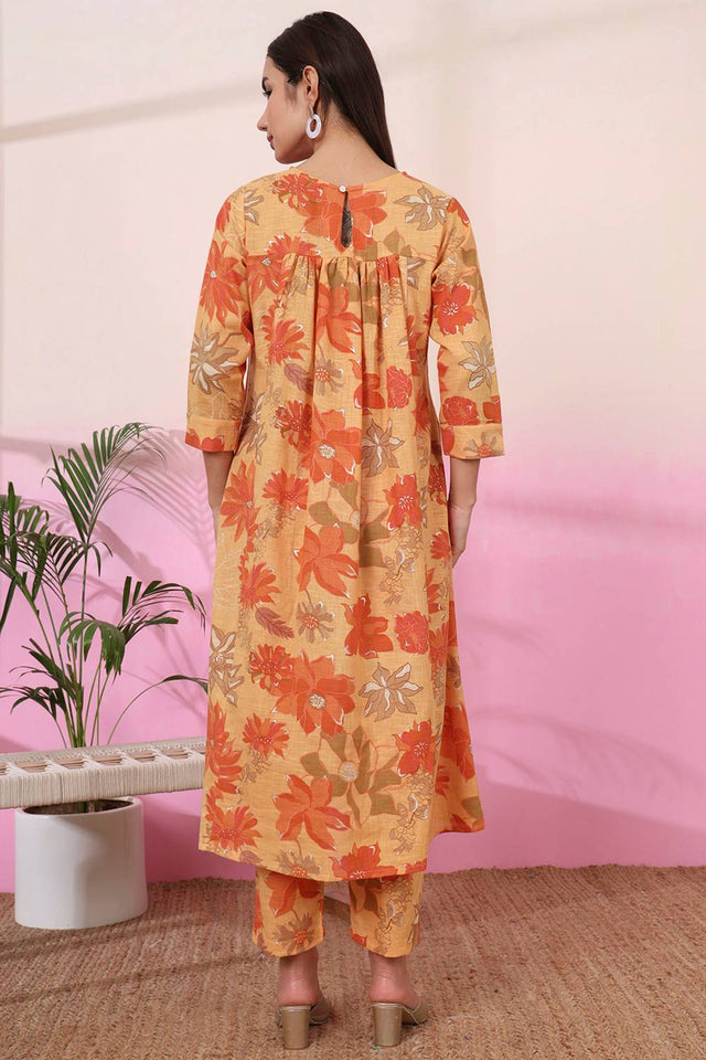 Mustard Floral Printed Linen Straight Cut Suit Set