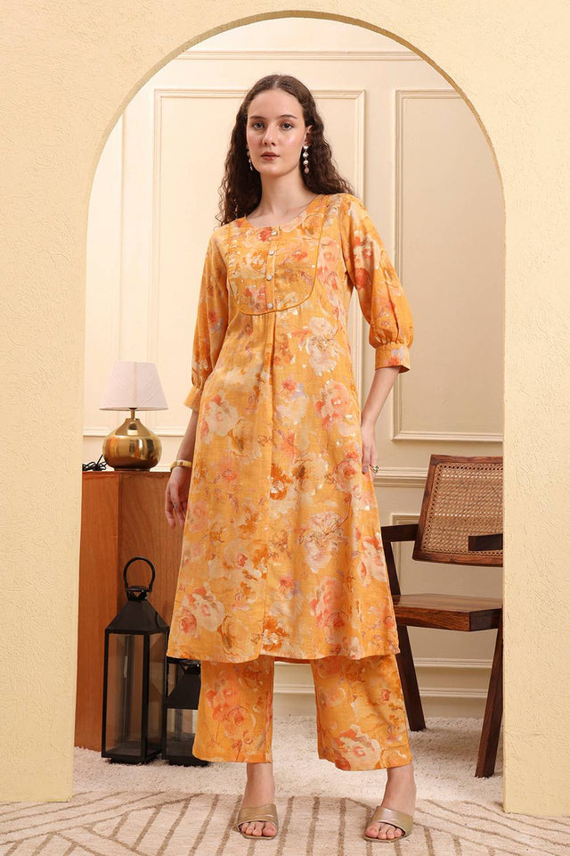 Mustard Floral Printed Linen Straight Cut Suit Set
