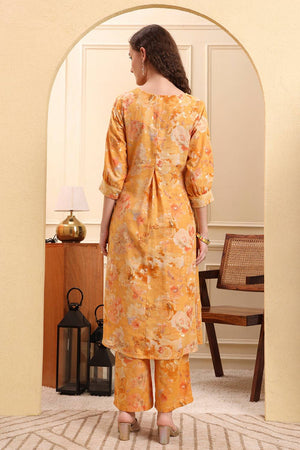 Mustard Floral Printed Linen Straight Cut Suit Set