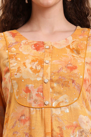 Mustard Floral Printed Linen Straight Cut Suit Set