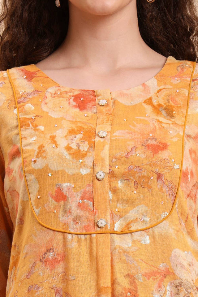 Mustard Floral Printed Linen Straight Cut Suit Set